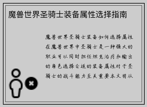 魔兽世界圣骑士装备属性选择指南